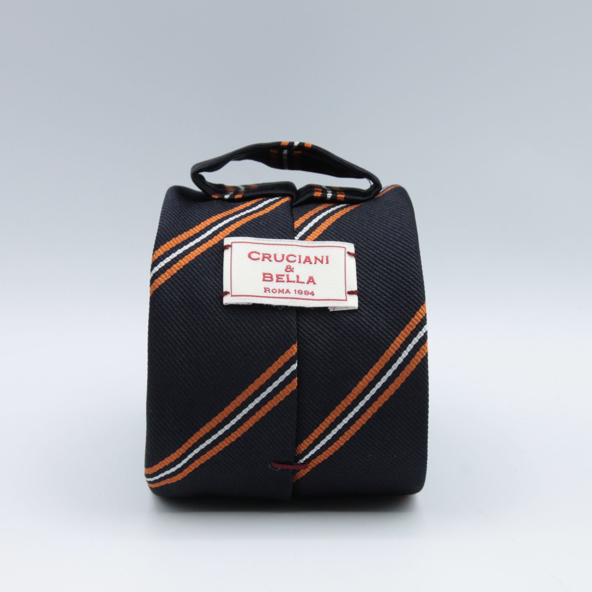 Cruciani & Bella 100% Silk Slim Shape Jacquard  Unlined "Old Cranleigh" Blue black, Orange and White stripes tie Handmade in Italy 8 cm x 150 cm #7704