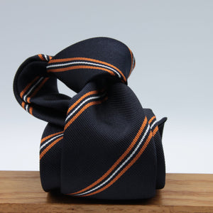 Cruciani & Bella 100% Silk Slim Shape Jacquard  Unlined "Old Cranleigh" Blue black, Orange and White stripes tie Handmade in Italy 8 cm x 150 cm #7704