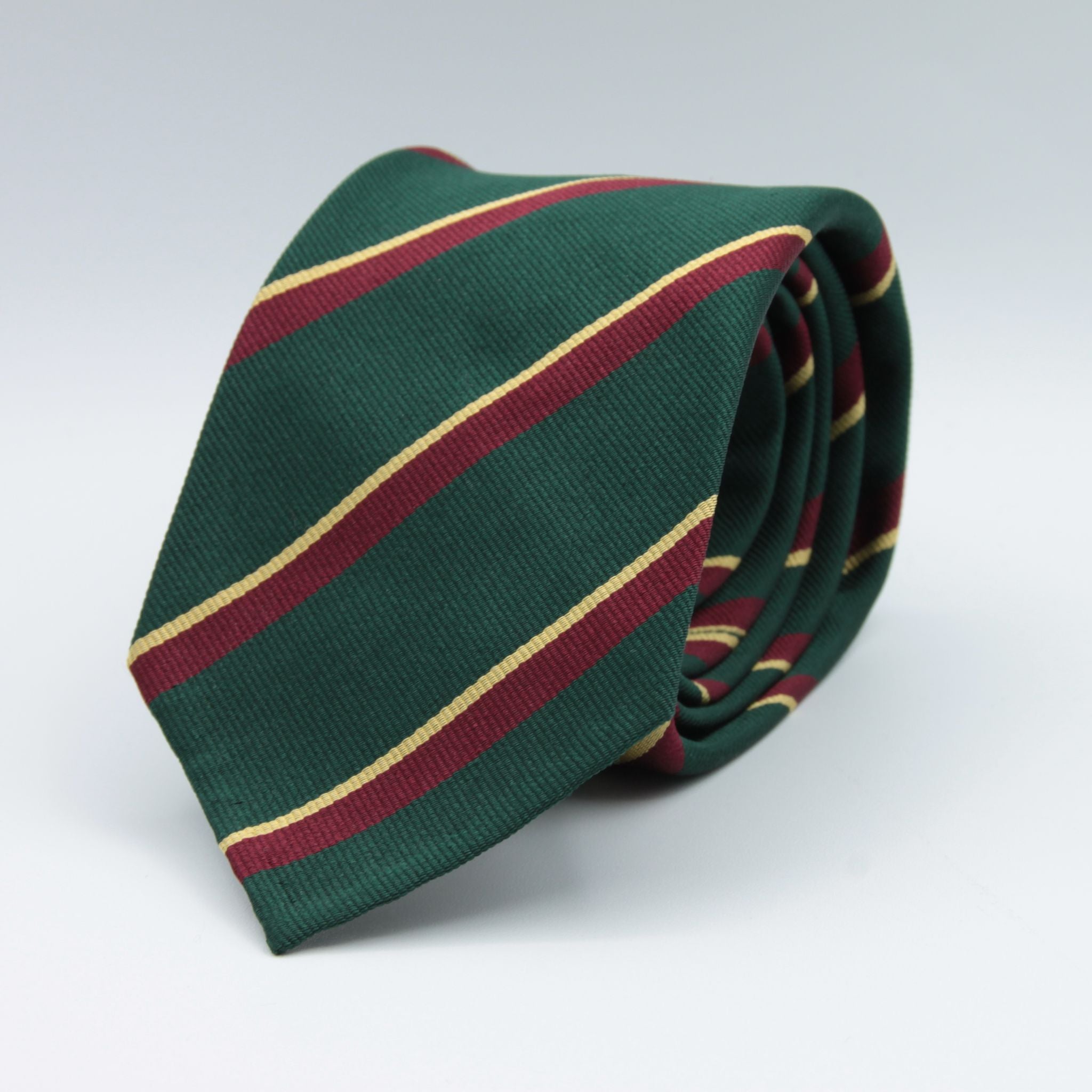 Cruciani & Bella 100% Silk Slim Shape Jacquard  Unlined Regimental "Royal Marine" Forrest Green, Burgundy and Yellow stripes tie Handmade in Italy 8 cm x 150 cm #7712