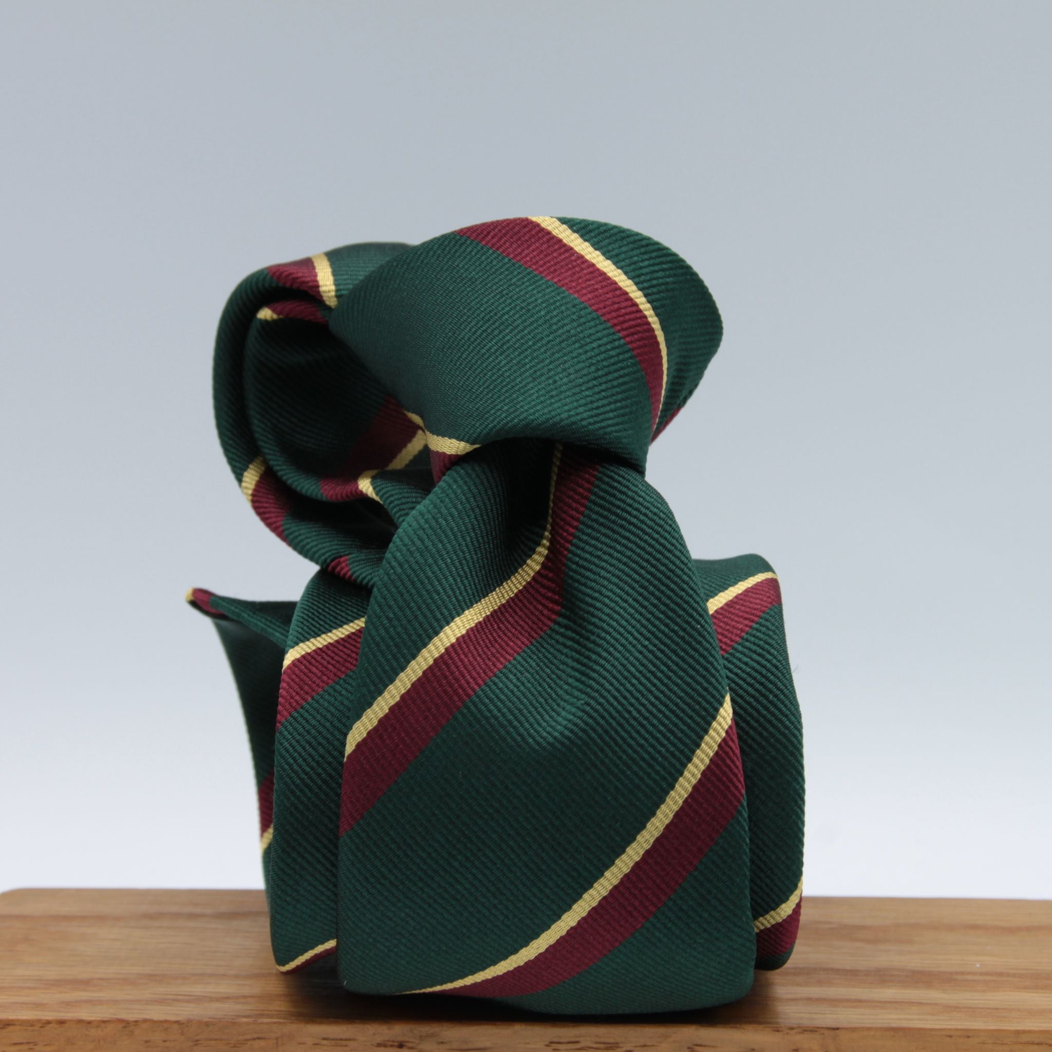 Cruciani & Bella 100% Silk Slim Shape Jacquard  Unlined Regimental "Royal Marine" Forrest Green, Burgundy and Yellow stripes tie Handmade in Italy 8 cm x 150 cm #7712