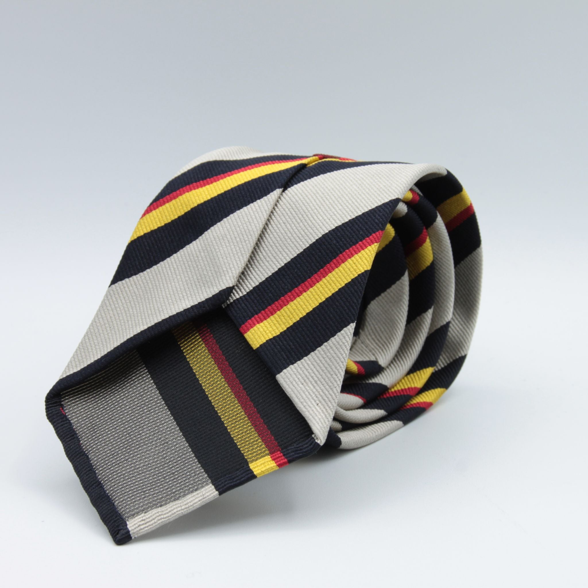 Cruciani & Bella 100% Silk Slim Shape Jacquard  Unlined Regimental "Royal Marine" Navy, Red, Yellow and Navy on Silver stripes tie Handmade in Italy 8 cm x 150 cm