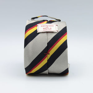 Cruciani & Bella 100% Silk Slim Shape Jacquard  Unlined Regimental "Royal Marine" Navy, Red, Yellow and Navy on Silver stripes tie Handmade in Italy 8 cm x 150 cm