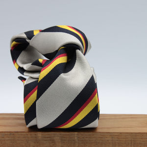 Cruciani & Bella 100% Silk Slim Shape Jacquard  Unlined Regimental "Royal Marine" Navy, Red, Yellow and Navy on Silver stripes tie Handmade in Italy 8 cm x 150 cm