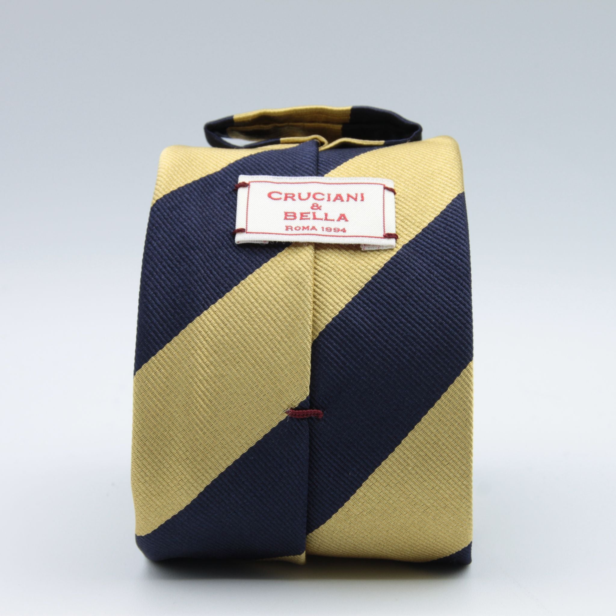 Cruciani & Bella 100% Silk Slim Shape Jacquard  Unlined Regimental "The Buffs" Blue and Yellow stripes tie Handmade in Italy 8 cm x 150 cm #7701