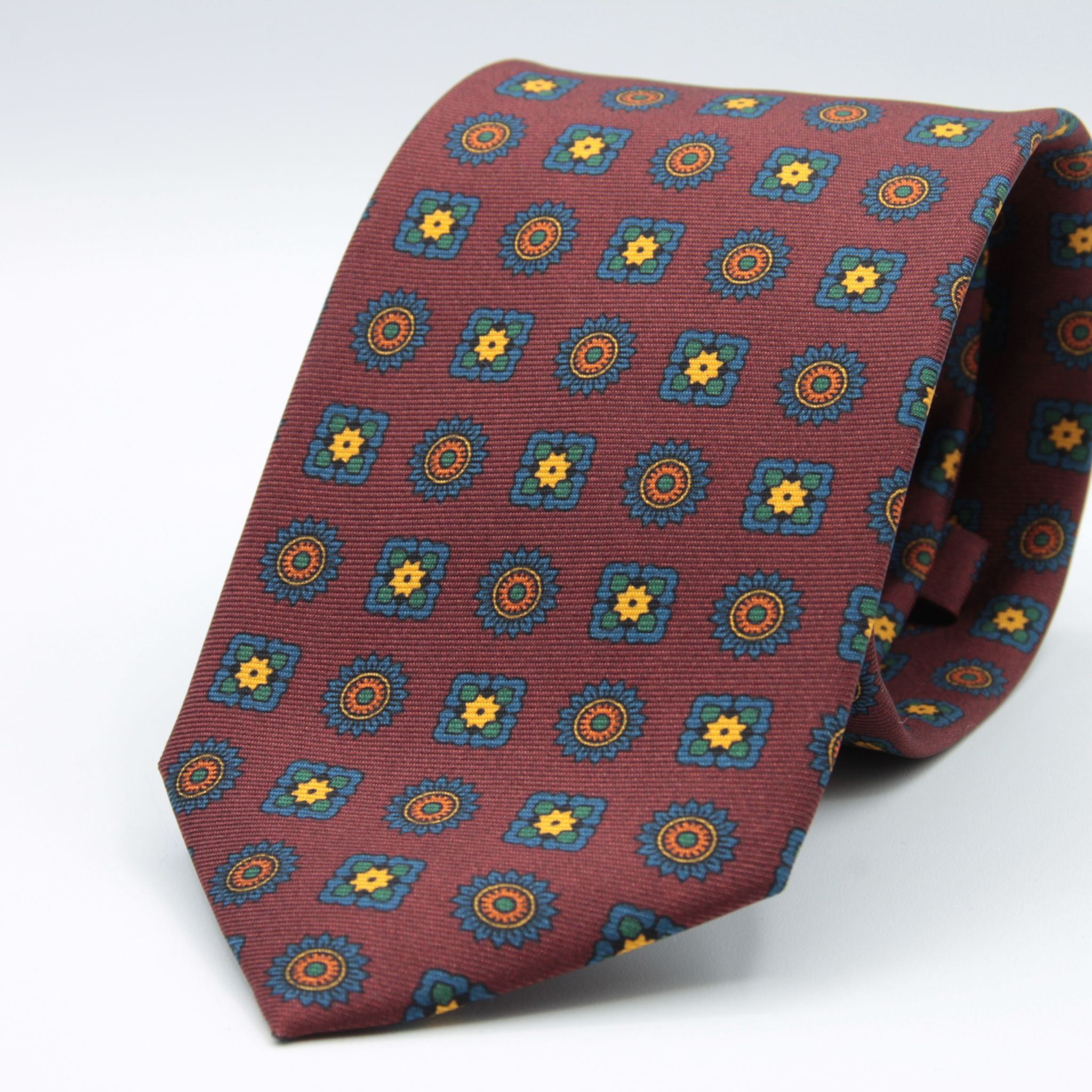 Cruciani &amp; Bella&nbsp; 100% Printed Silk Self-Tipped Printed Archive Medallion Design Red Wine, Orange, Yellow and Green Handmade in Italy 8 x 150 cm #8912