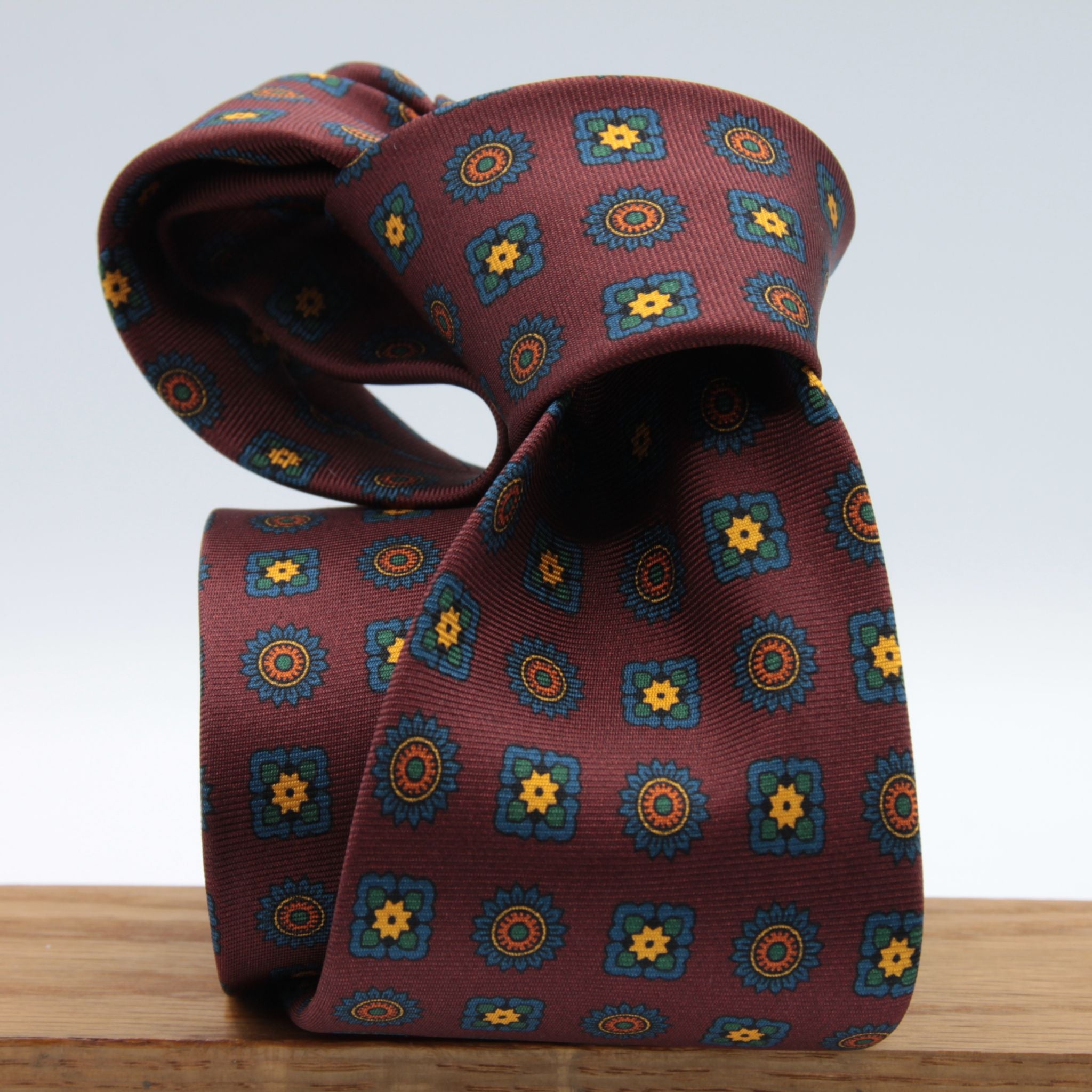 Cruciani &amp; Bella&nbsp; 100% Printed Silk Self-Tipped Printed Archive Medallion Design Red Wine, Orange, Yellow and Green Handmade in Italy 8 x 150 cm #8912