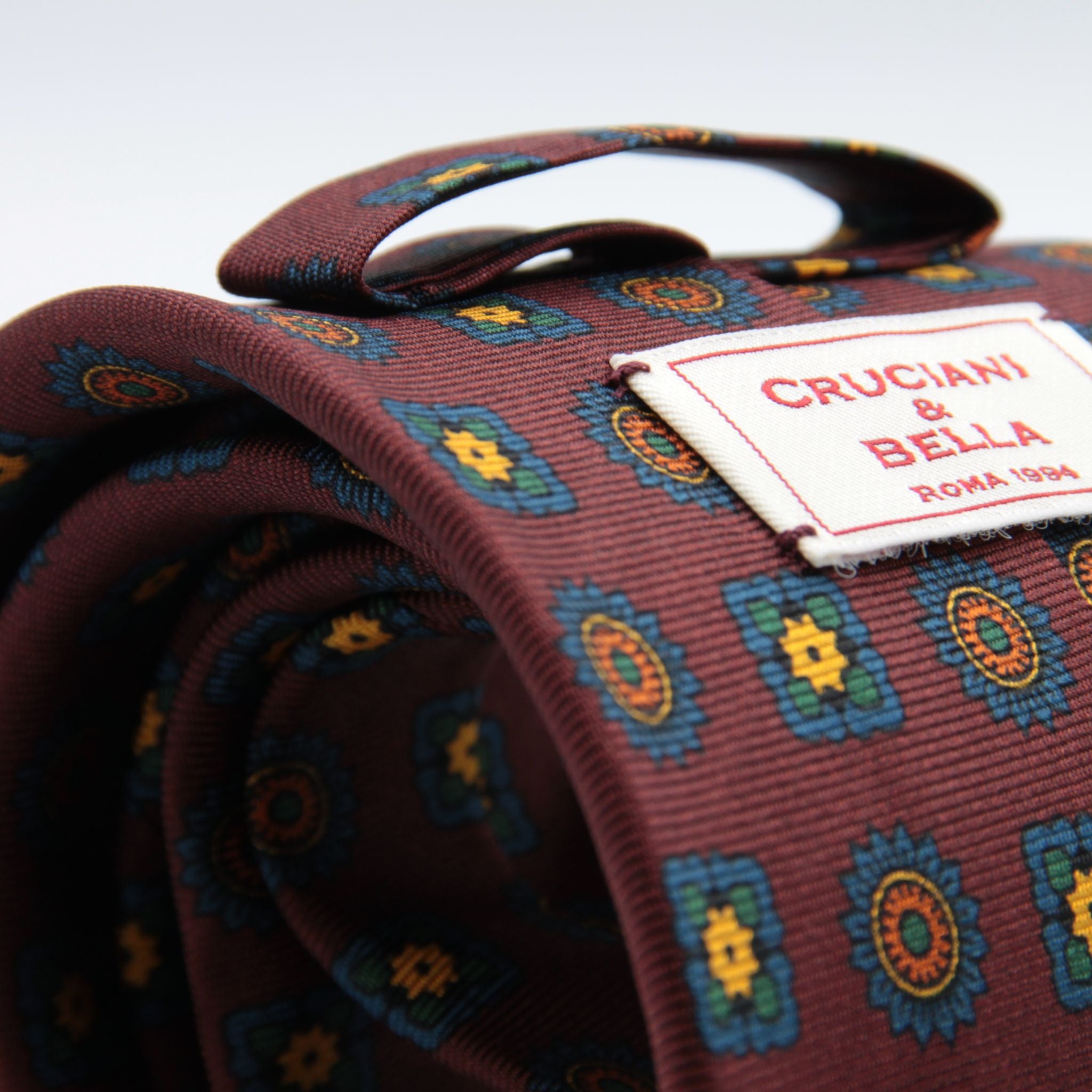 Cruciani &amp; Bella&nbsp; 100% Printed Silk Self-Tipped Printed Archive Medallion Design Red Wine, Orange, Yellow and Green Handmade in Italy 8 x 150 cm #8912