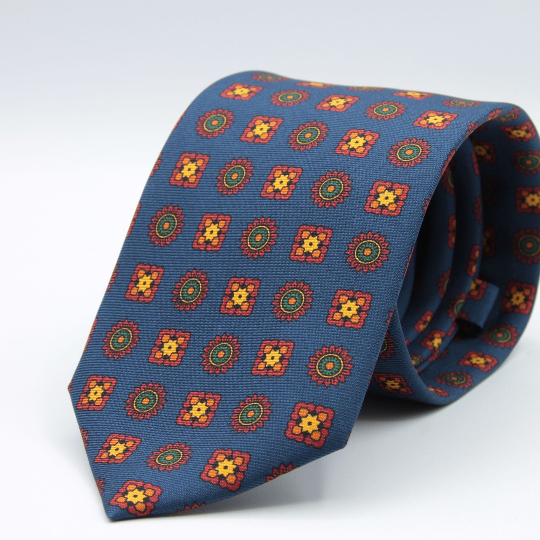 Cruciani &amp; Bella&nbsp; 100% Printed Silk Self-Tipped Printed Archive Medallion Design Royal Blue, Rust, Green and Yellow Handmade in Italy 8 x 150 cm #8913