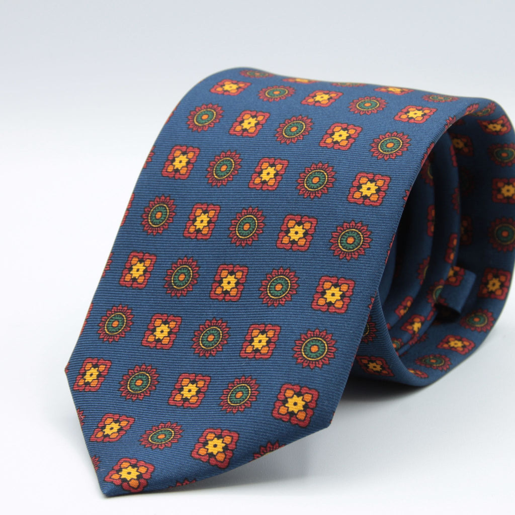 Cruciani &amp; Bella&nbsp; 100% Printed Silk Self-Tipped Printed Archive Medallion Design Royal Blue, Rust, Green and Yellow Handmade in Italy 8 x 150 cm #8913