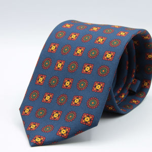 Cruciani &amp; Bella&nbsp; 100% Printed Silk Self-Tipped Printed Archive Medallion Design Royal Blue, Rust, Green and Yellow Handmade in Italy 8 x 150 cm #8913