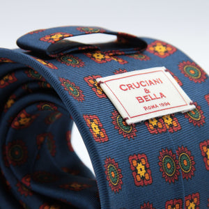 Cruciani &amp; Bella&nbsp; 100% Printed Silk Self-Tipped Printed Archive Medallion Design Royal Blue, Rust, Green and Yellow Handmade in Italy 8 x 150 cm #8913