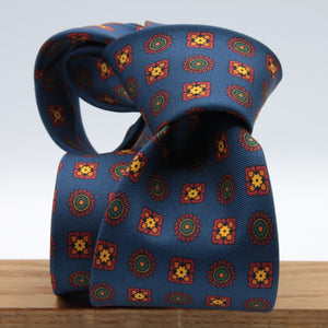 Cruciani &amp; Bella&nbsp; 100% Printed Silk Self-Tipped Printed Archive Medallion Design Royal Blue, Rust, Green and Yellow Handmade in Italy 8 x 150 cm #8913
