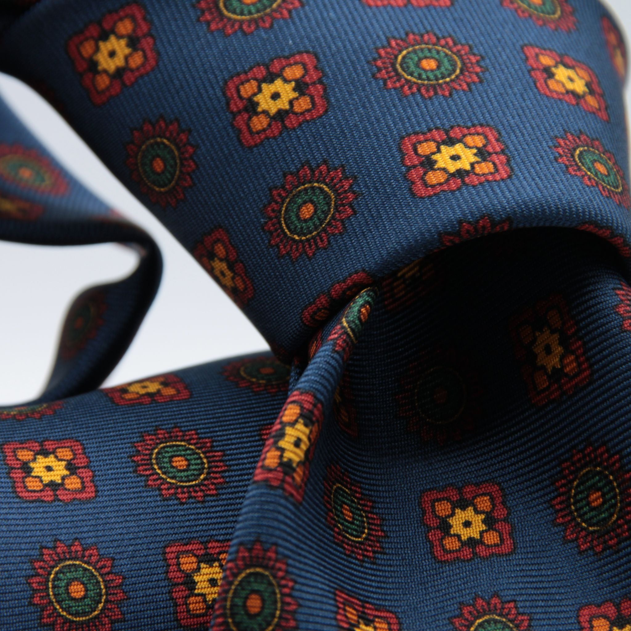 Cruciani &amp; Bella&nbsp; 100% Printed Silk Self-Tipped Printed Archive Medallion Design Royal Blue, Rust, Green and Yellow Handmade in Italy 8 x 150 cm #8913