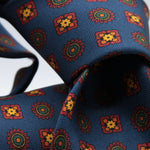 Cruciani &amp; Bella&nbsp; 100% Printed Silk Self-Tipped Printed Archive Medallion Design Royal Blue, Rust, Green and Yellow Handmade in Italy 8 x 150 cm #8913