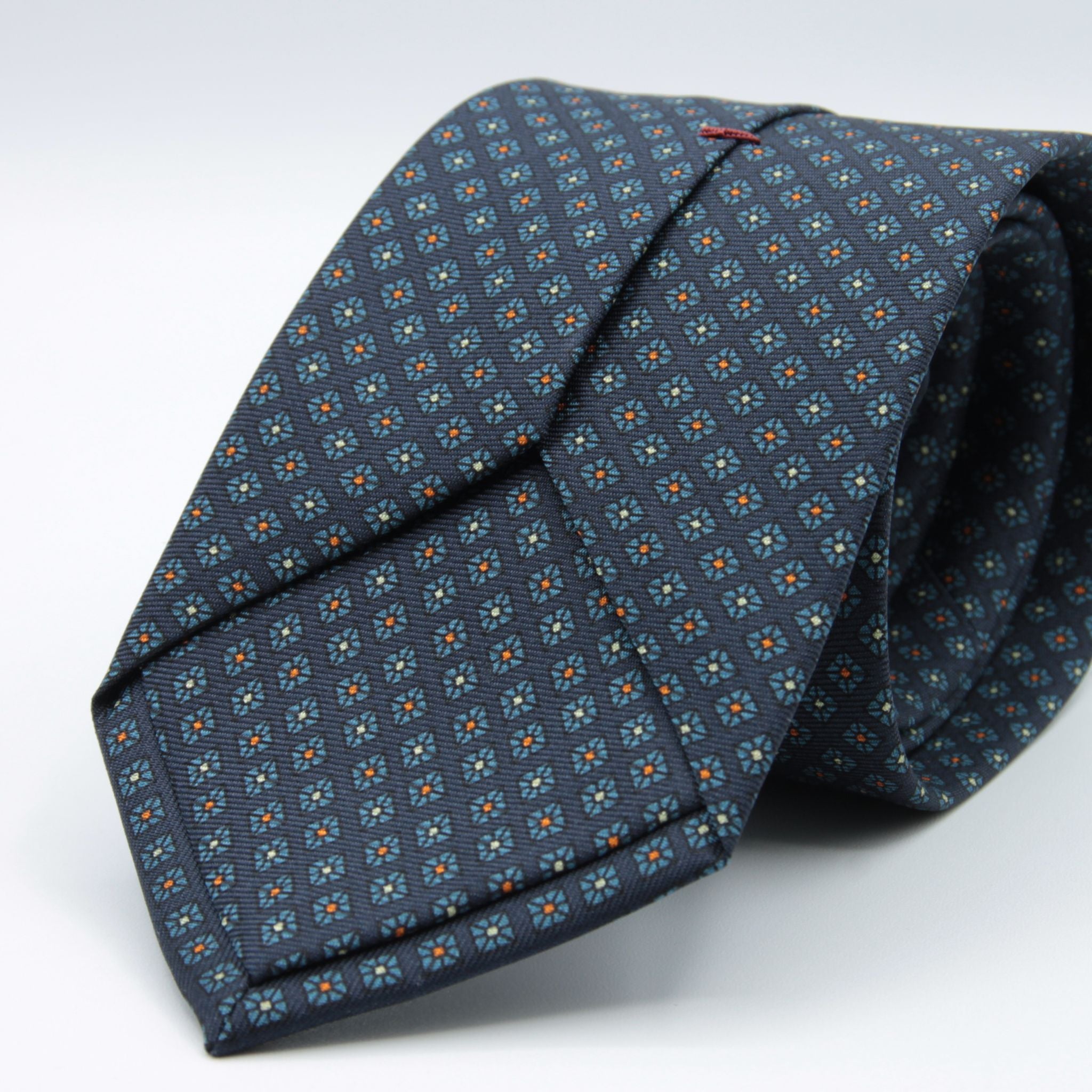 Cruciani &amp; bella&nbsp; 100% Printed Silk Self-Tipped Blue, Light Blue, Orange and White Small Printed Geometric Designs Handmade in Italy 8 x 150 cm #8908