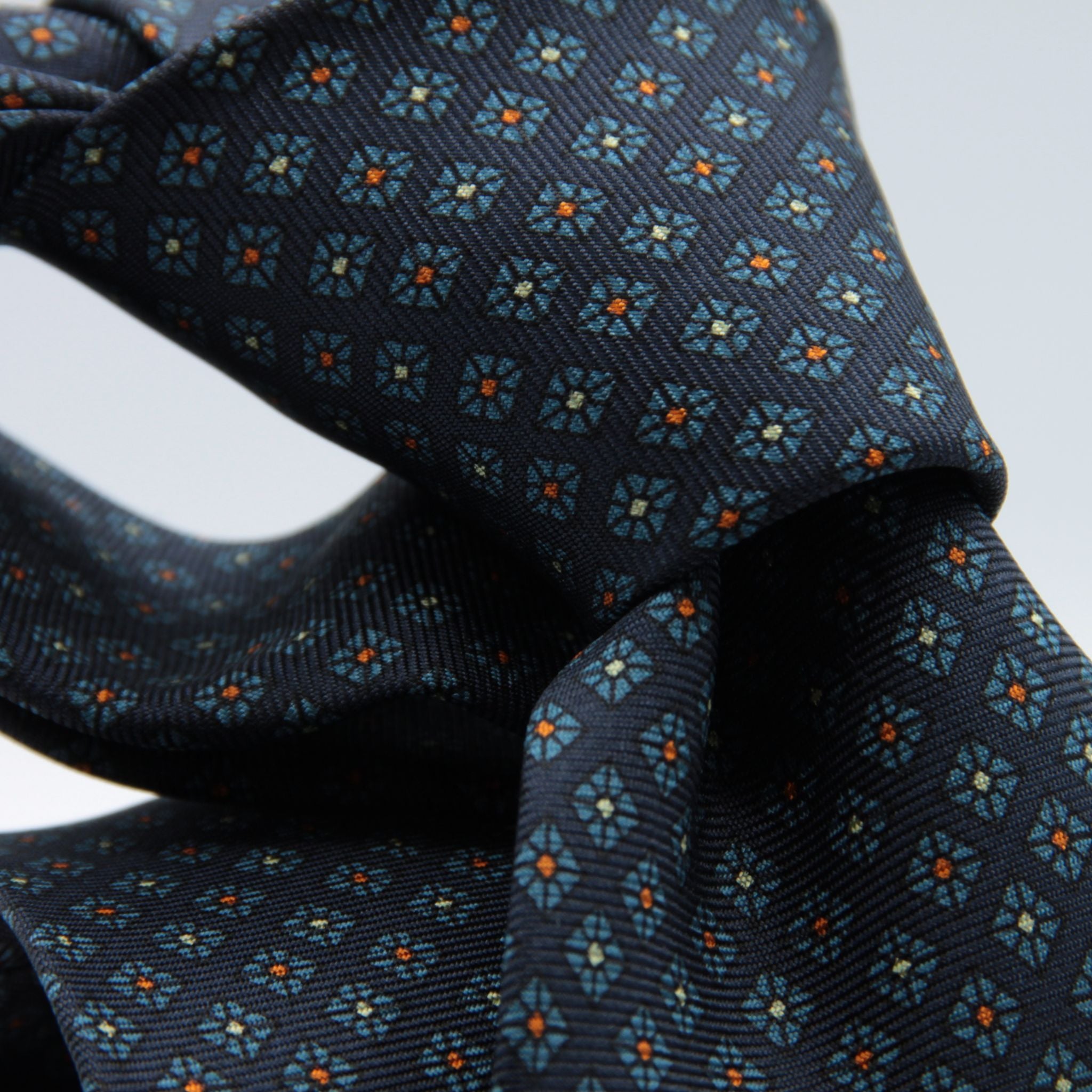 Cruciani &amp; bella&nbsp; 100% Printed Silk Self-Tipped Blue, Light Blue, Orange and White Small Printed Geometric Designs Handmade in Italy 8 x 150 cm #8908