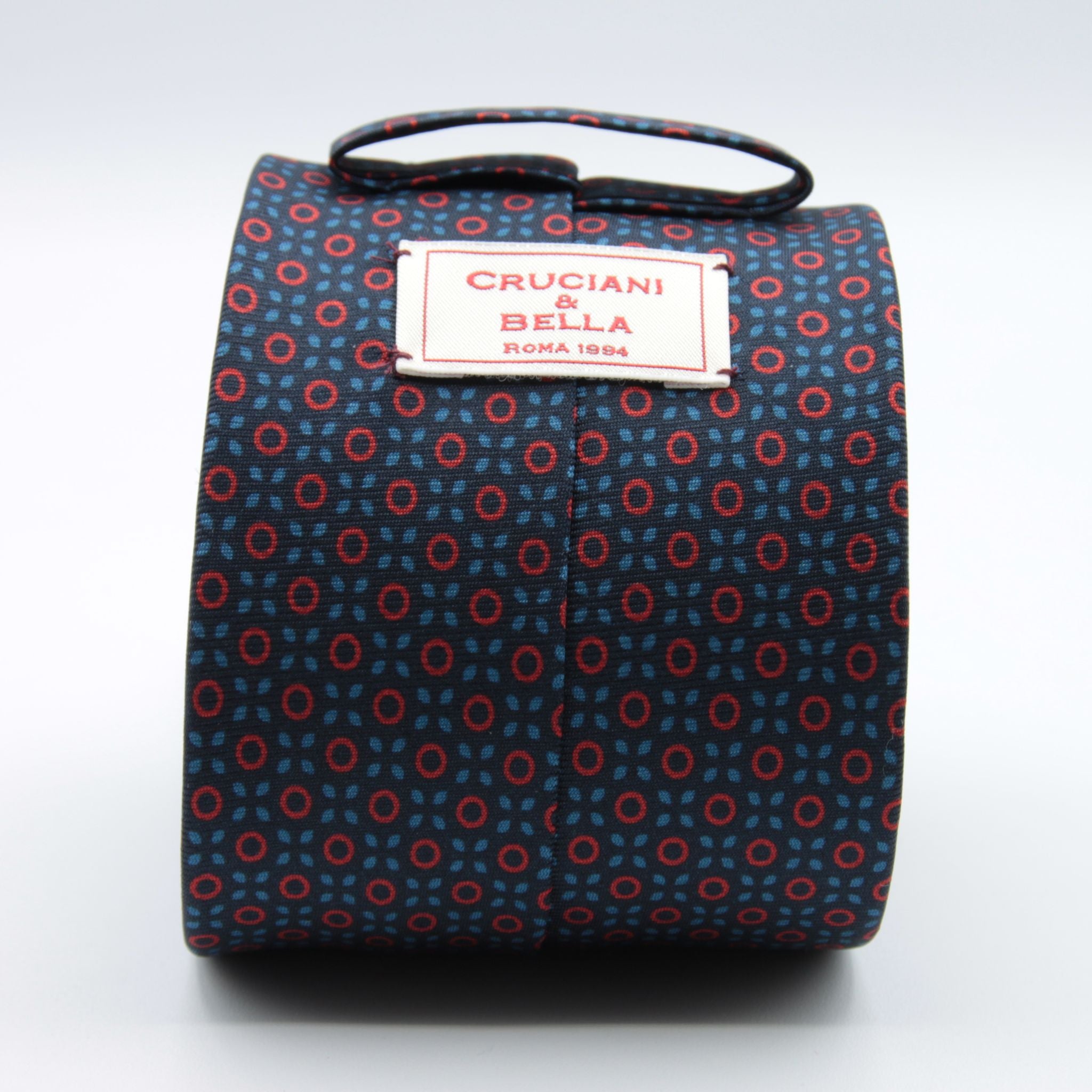 Cruciani &amp; bella&nbsp; 100% Printed Silk Self-Tipped Blue, Red and Light Blue Small Printed Geometric Designs Handmade in Italy 8 x 150 cm #8909