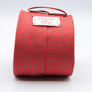 Cruciani &amp; bella&nbsp; 100% Printed Silk Self-Tipped Coral Red, Light Green and White Small Printed Geometric Designs Handmade in Italy 8 x 150 cm #8905