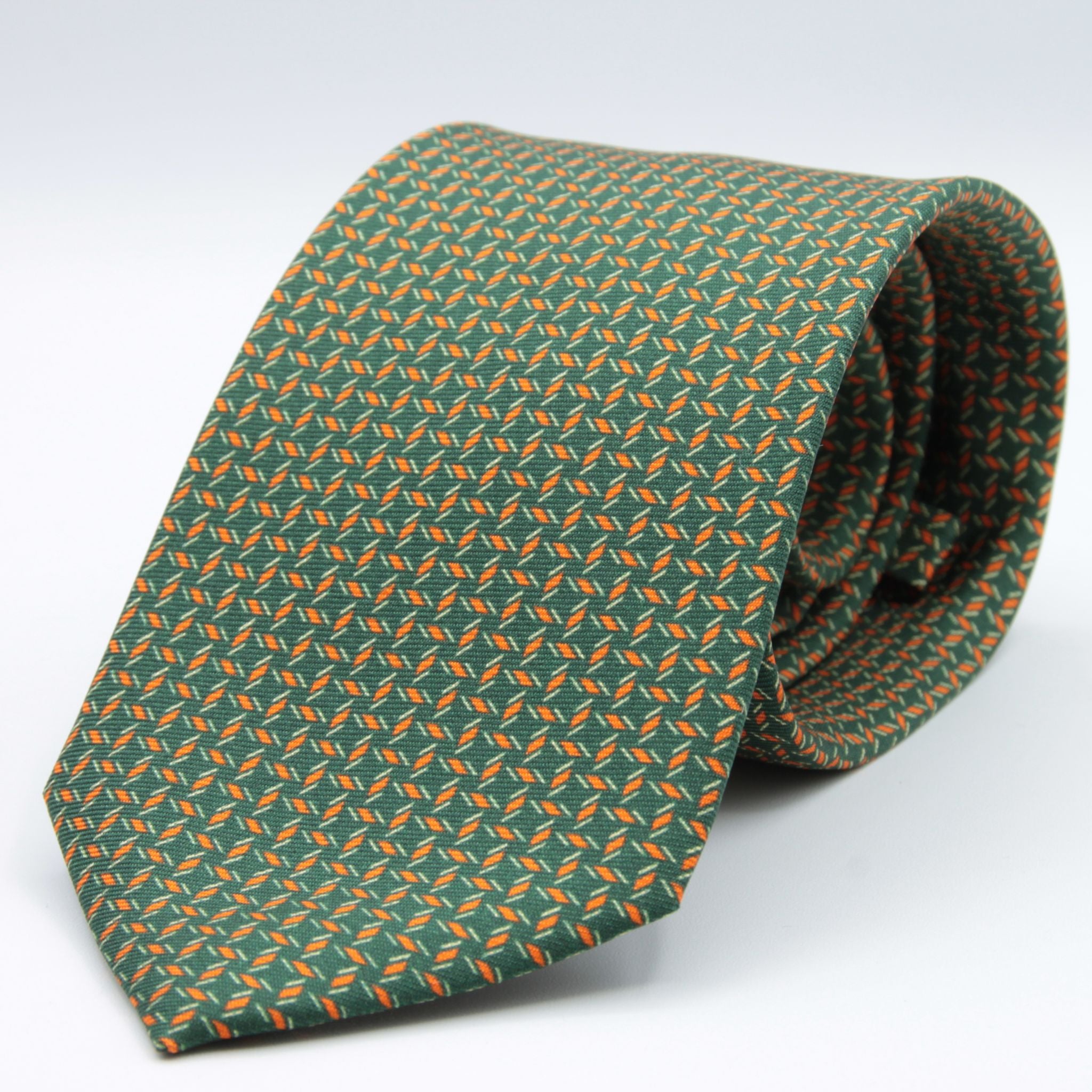Cruciani &amp; bella&nbsp; 100% Printed Silk Self-Tipped Green, Orange and White Small Printed Geometric Designs Handmade in Italy 8 x 150 cm #8906