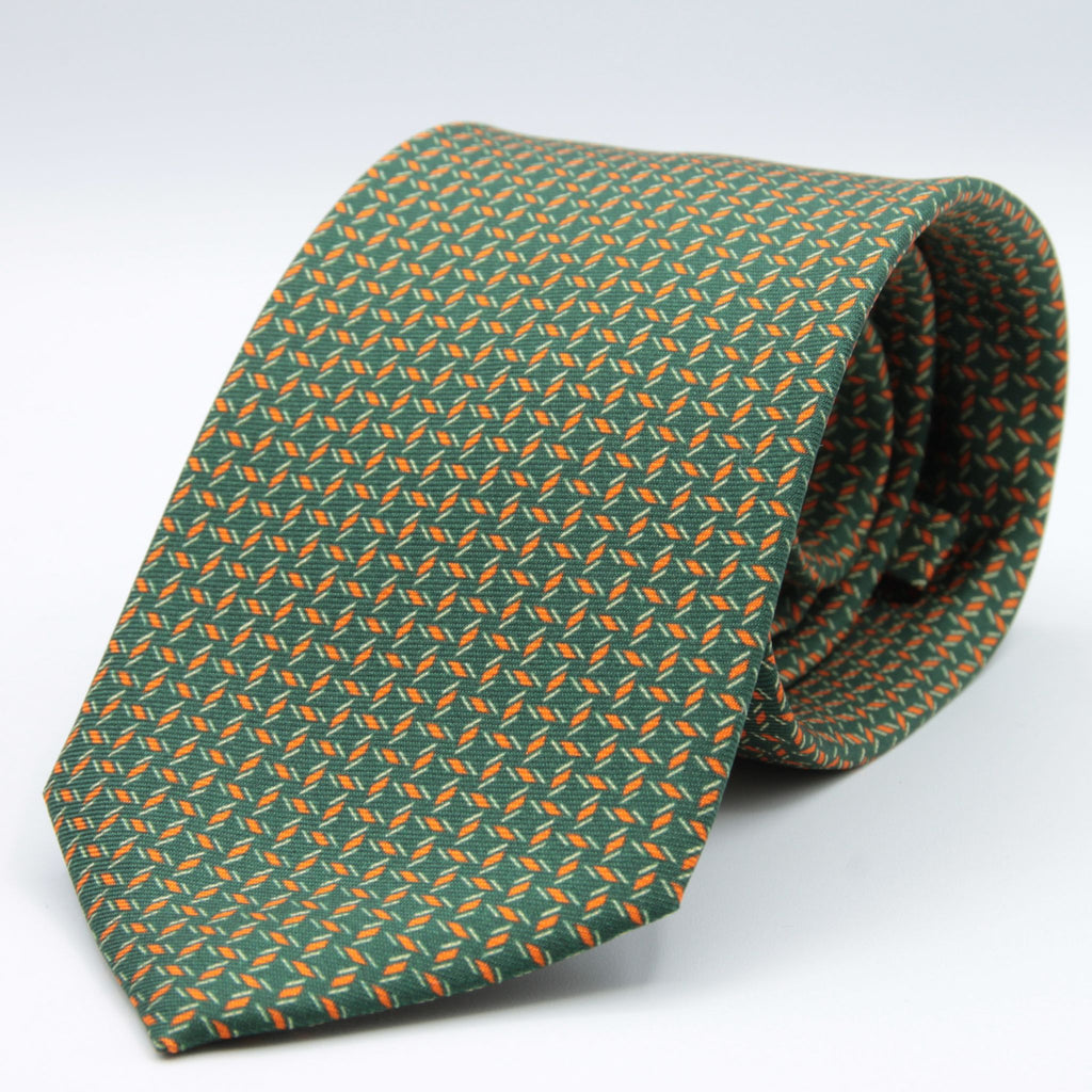 Cruciani &amp; bella&nbsp; 100% Printed Silk Self-Tipped Green, Orange and White Small Printed Geometric Designs Handmade in Italy 8 x 150 cm #8906