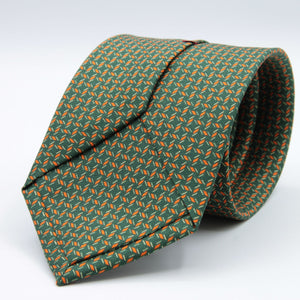 Cruciani &amp; bella&nbsp; 100% Printed Silk Self-Tipped Green, Orange and White Small Printed Geometric Designs Handmade in Italy 8 x 150 cm #8906