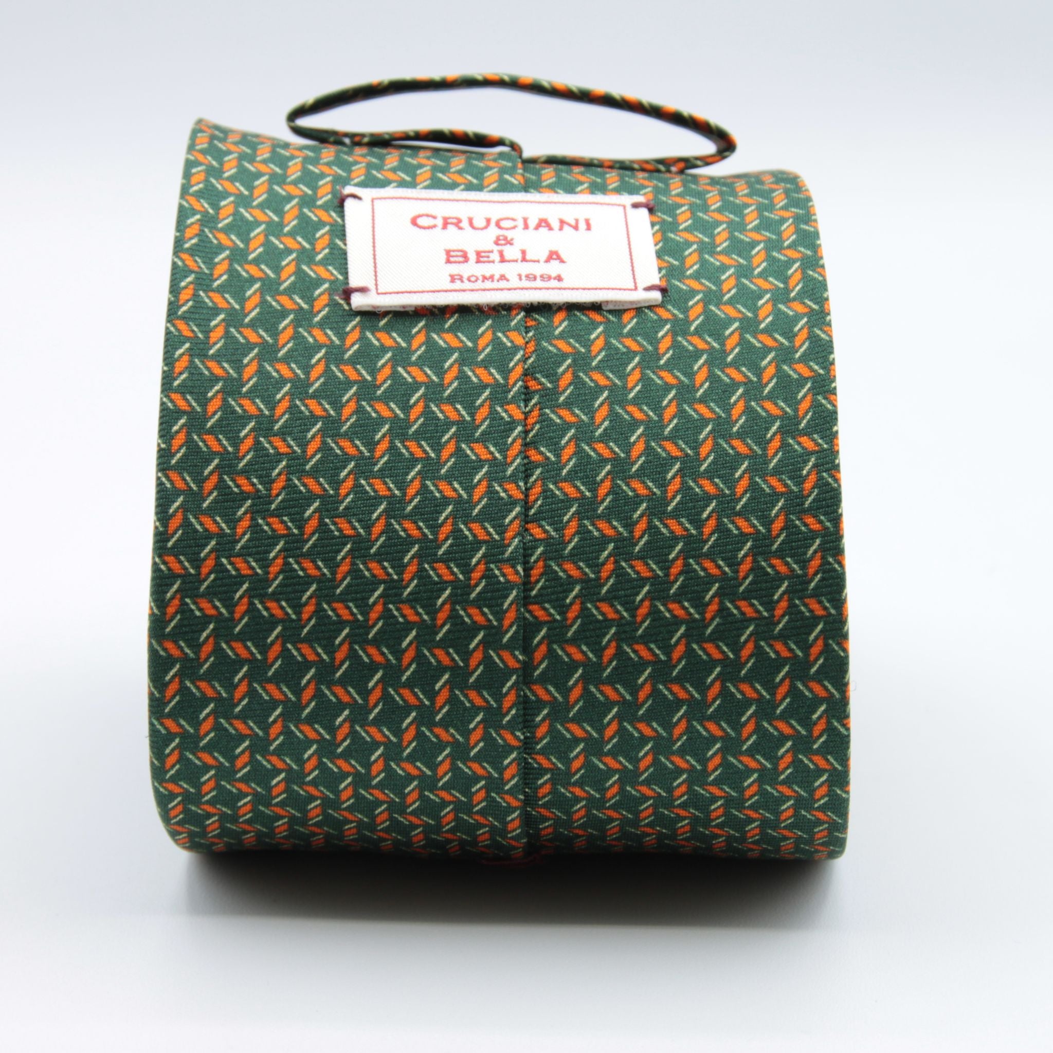 Cruciani &amp; bella&nbsp; 100% Printed Silk Self-Tipped Green, Orange and White Small Printed Geometric Designs Handmade in Italy 8 x 150 cm #8906