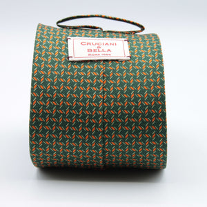 Cruciani &amp; bella&nbsp; 100% Printed Silk Self-Tipped Green, Orange and White Small Printed Geometric Designs Handmade in Italy 8 x 150 cm #8906