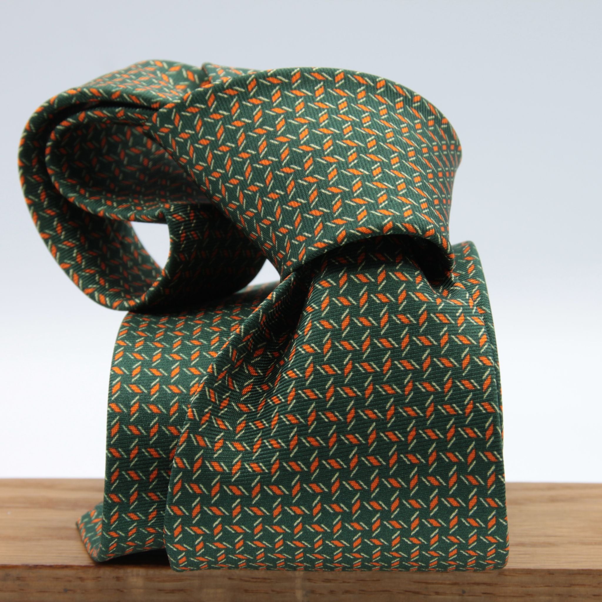 Cruciani &amp; bella&nbsp; 100% Printed Silk Self-Tipped Green, Orange and White Small Printed Geometric Designs Handmade in Italy 8 x 150 cm #8906