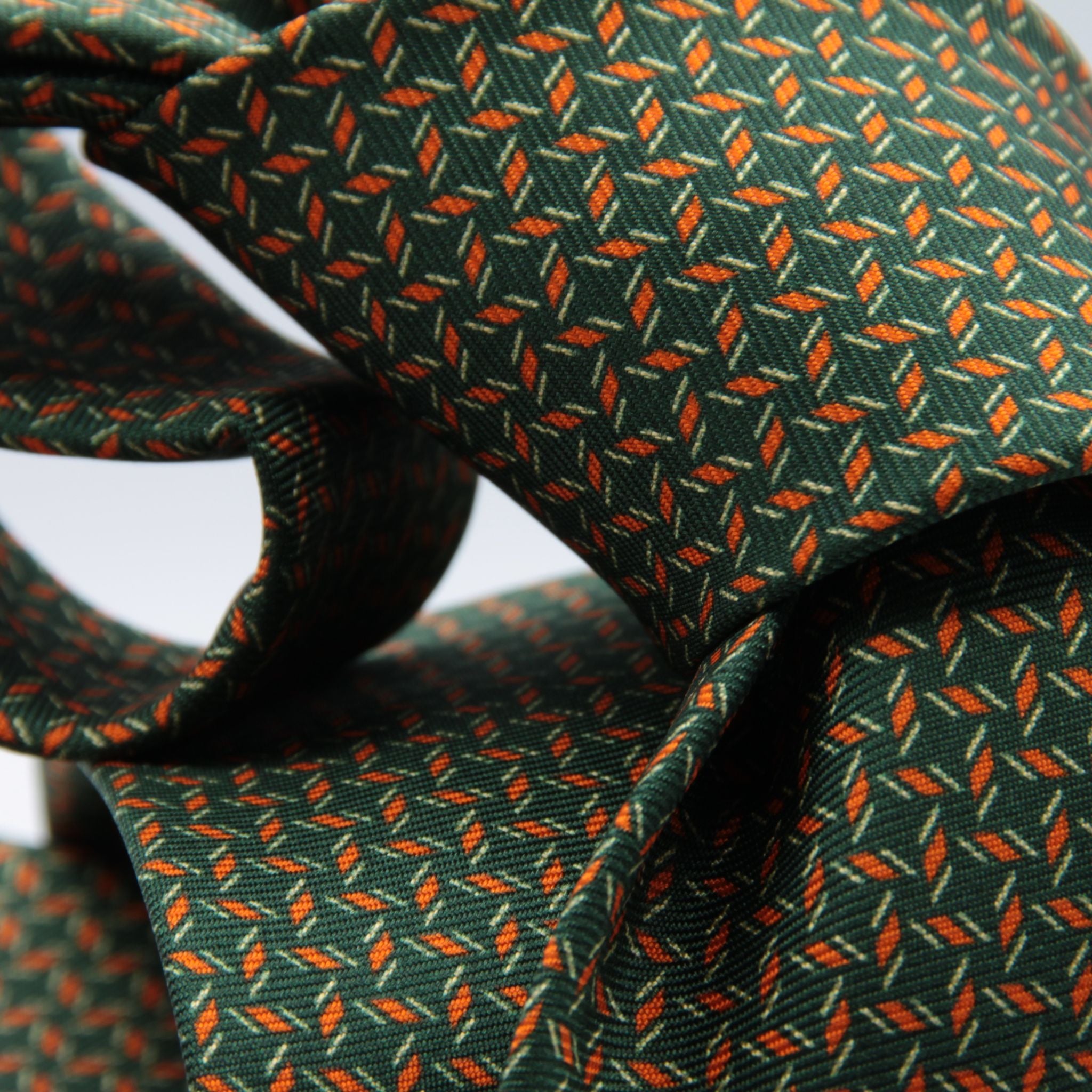 Cruciani &amp; bella&nbsp; 100% Printed Silk Self-Tipped Green, Orange and White Small Printed Geometric Designs Handmade in Italy 8 x 150 cm #8906