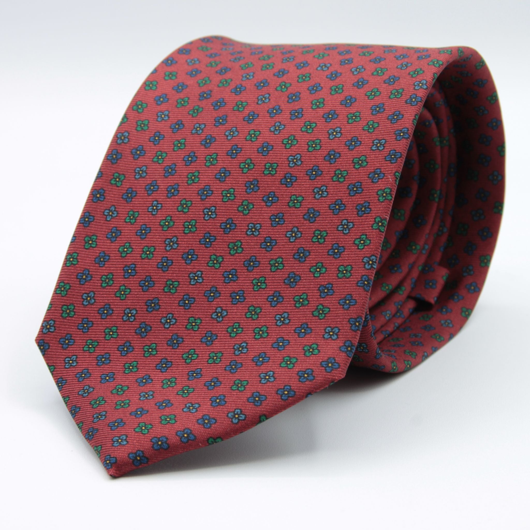 Cruciani &amp; bella&nbsp; 100% Printed Silk Self-Tipped Red Wine, Blue and Green Small Printed Flowers Designs Handmade in Italy 8 x 150 cm #8915