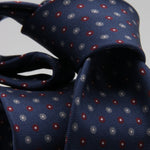 Cruciani &amp; Bella
100% Printed Silk

Self-Tipped
Blue, red, Grey and White Motif Tie&nbsp;
Handmade in Rome, Italy.

8 cm x 150 cm
#9301
