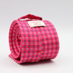 Cruciani &amp; Bella
100% Printed Silk

Self-Tipped
Fucsia, White and Blue Motif Tie
Handmade in Rome, Italy.
8 cm x 150 cm
#9427