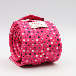 Cruciani &amp; Bella
100% Printed Silk

Self-Tipped
Fucsia, White and Blue Motif Tie
Handmade in Rome, Italy.
8 cm x 150 cm
#9427