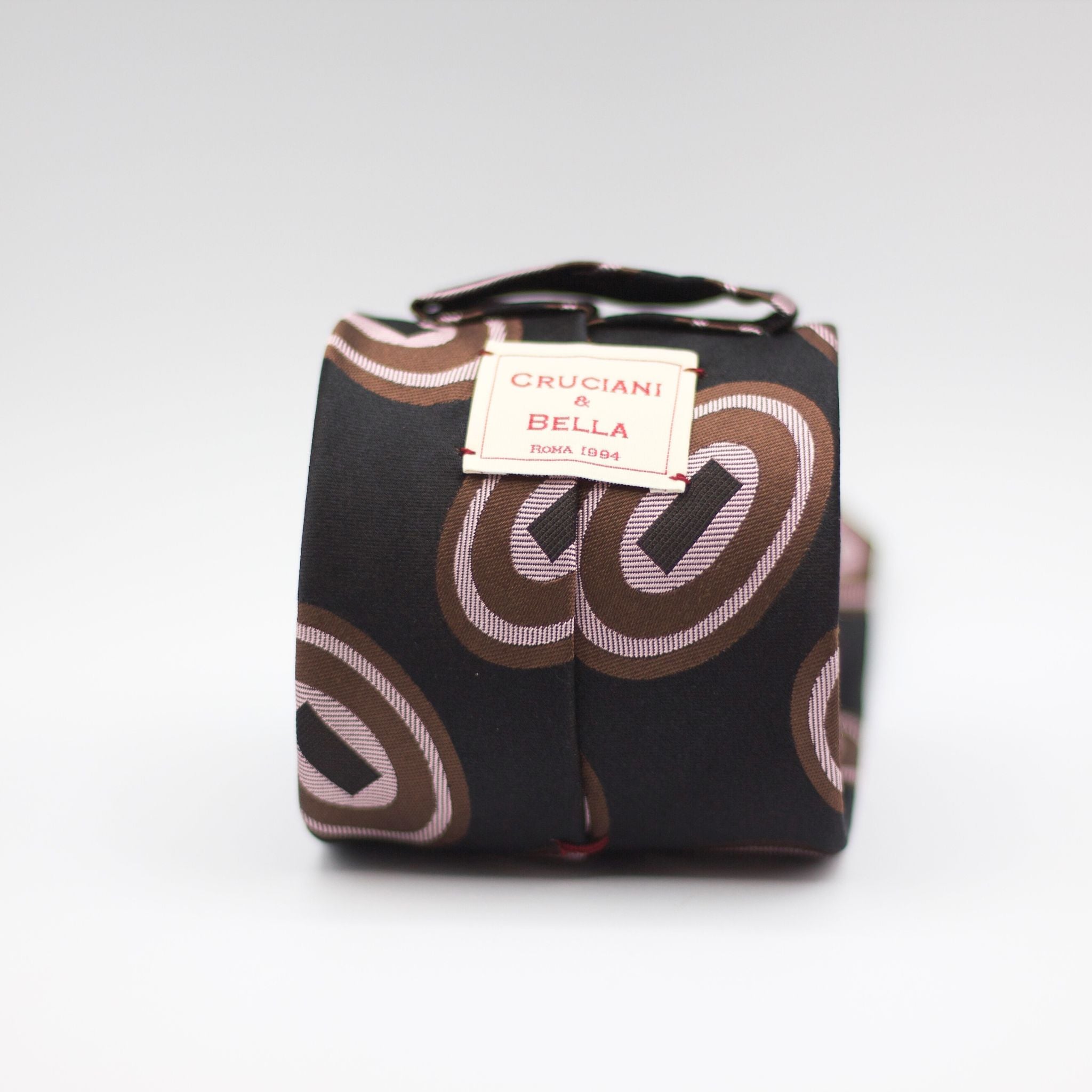 Cruciani & Bella 100% Silk Jacquard  Tipped Dark Brown, Pink and Brown motif tie Handmade in Italy 8 cm x 150 cm