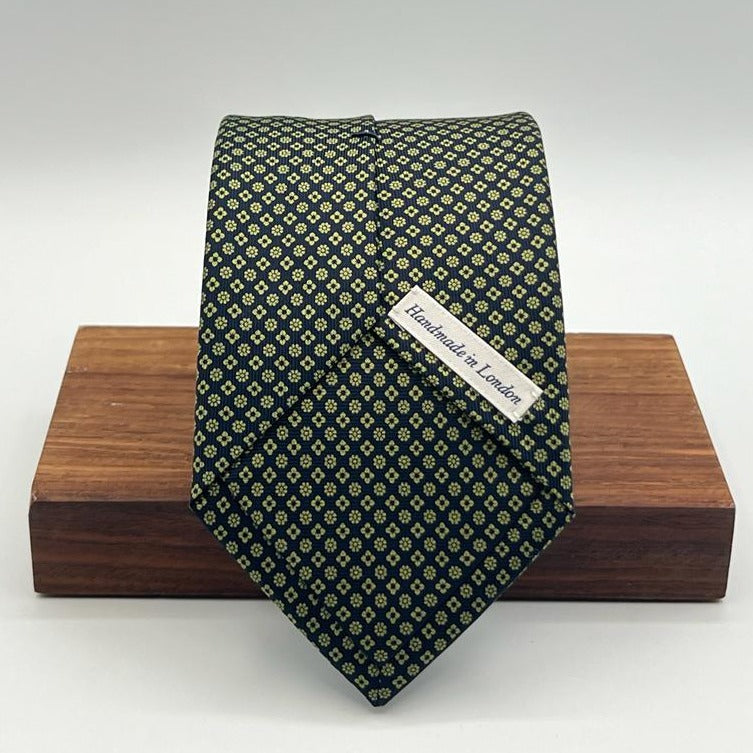 Drake's for Cruciani & Bella 36 oz Self-Tipped 100% Printed Silk Blue, Green Motif Tie Handmade in London. England 9 cm x 150 cm