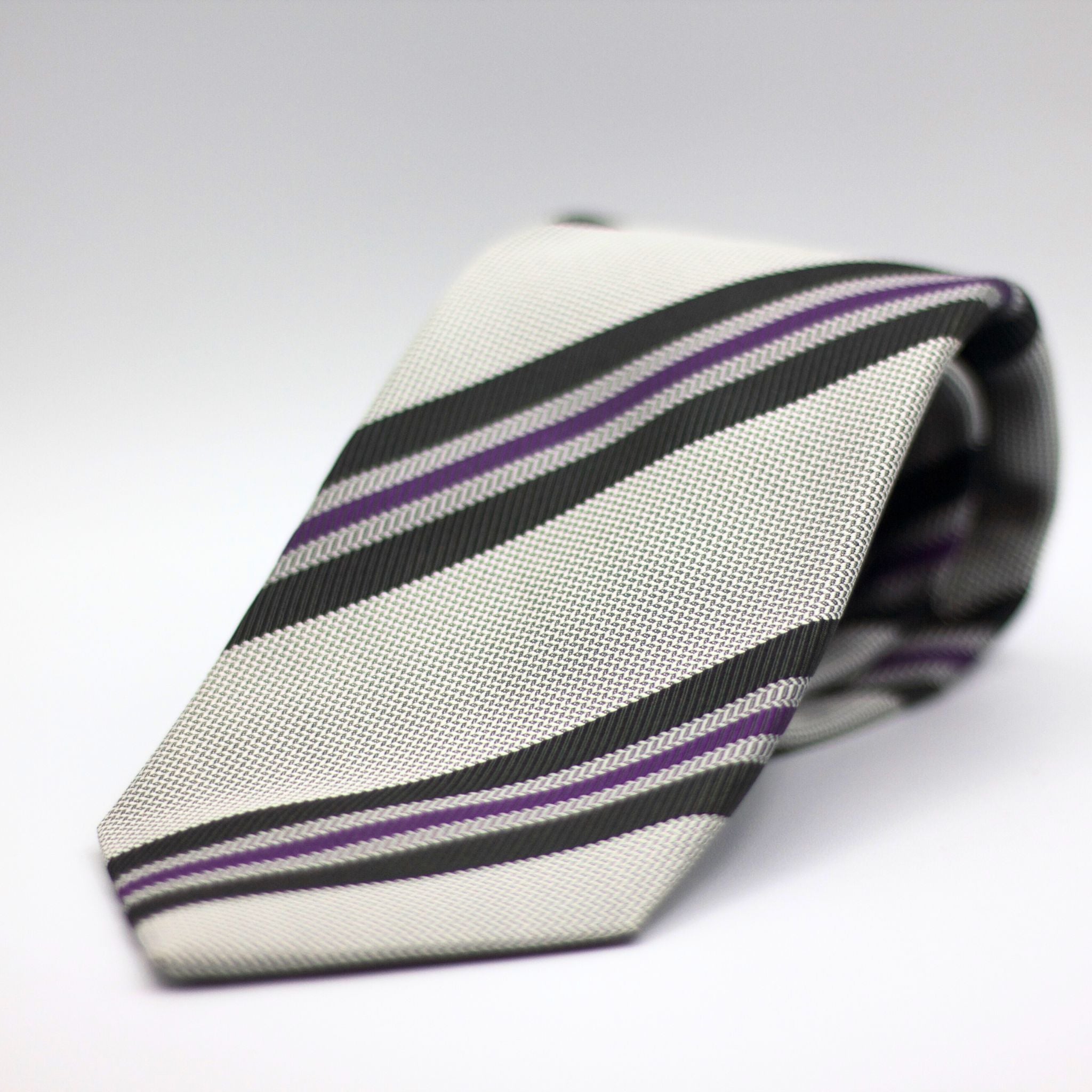 Drake's - Silk -  Grey, Black and Purple Stripe Tie