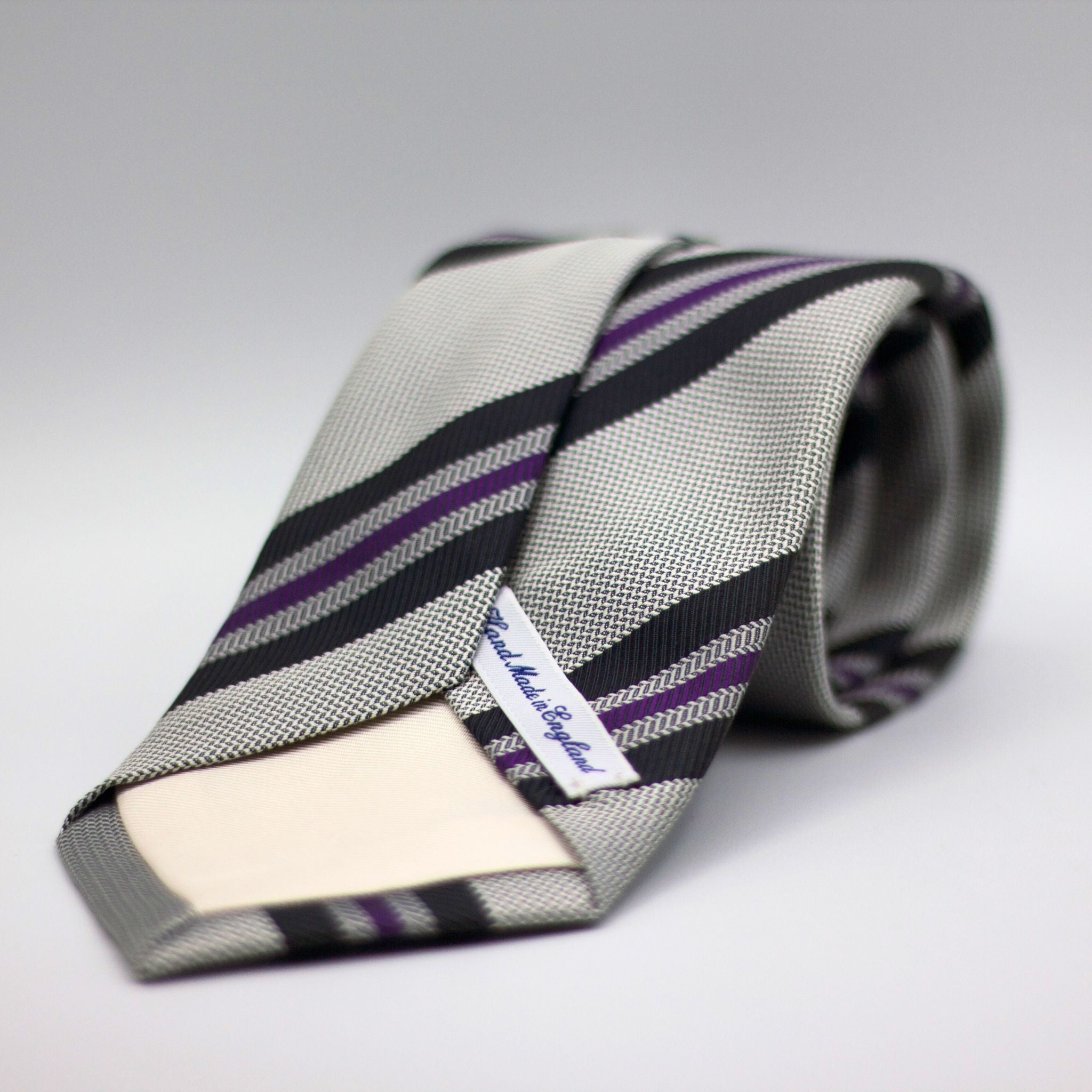 Drake's - Silk -  Grey, Black and Purple Stripe Tie