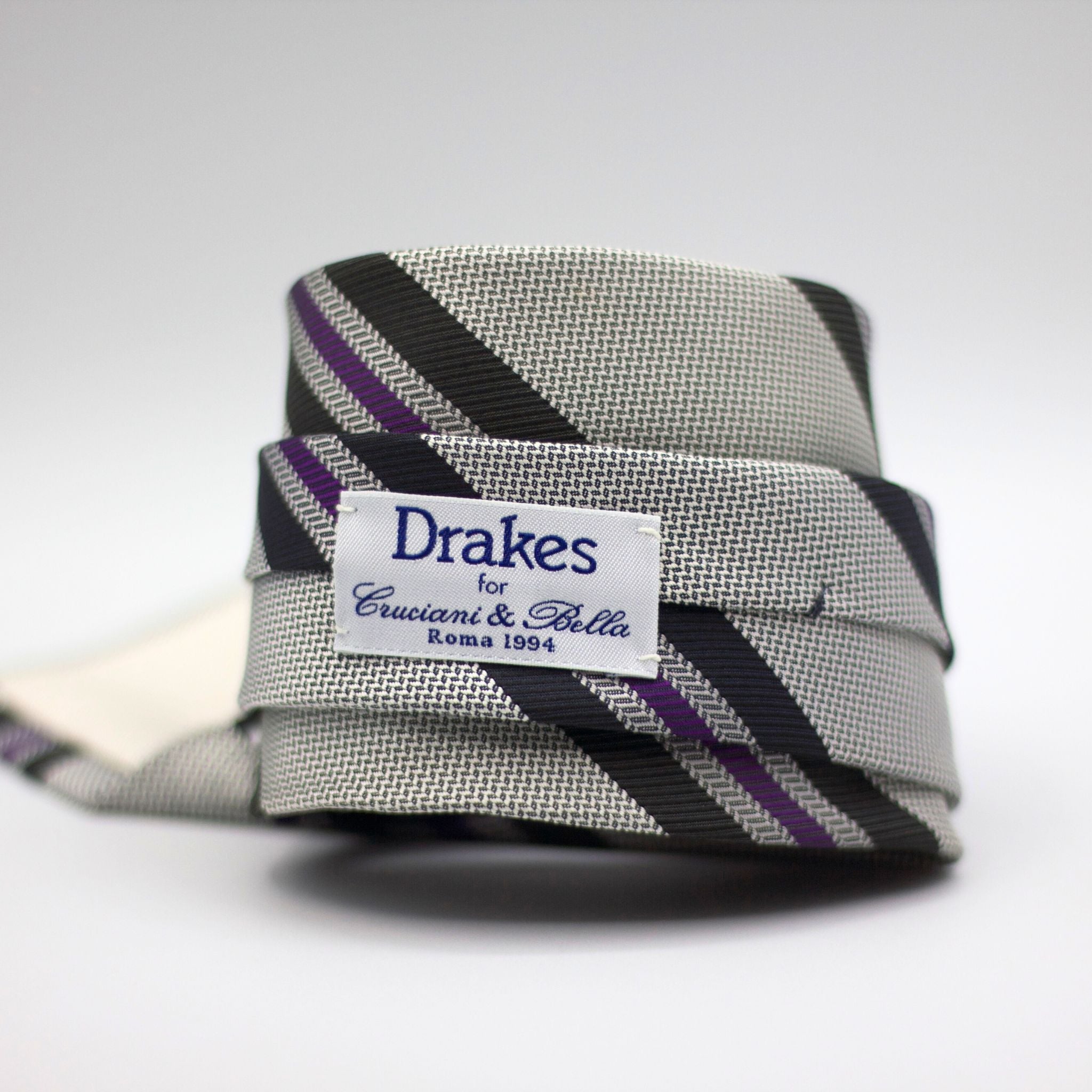 Drake's - Silk -  Grey, Black and Purple Stripe Tie