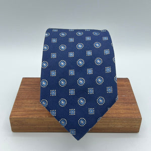 Drake's for Cruciani & Bella 100%  Woven Silk Jacquard Tipped Blue, Light Blue and White Motif Tie Handmade in London, England 9 cm x 148 cm #5384