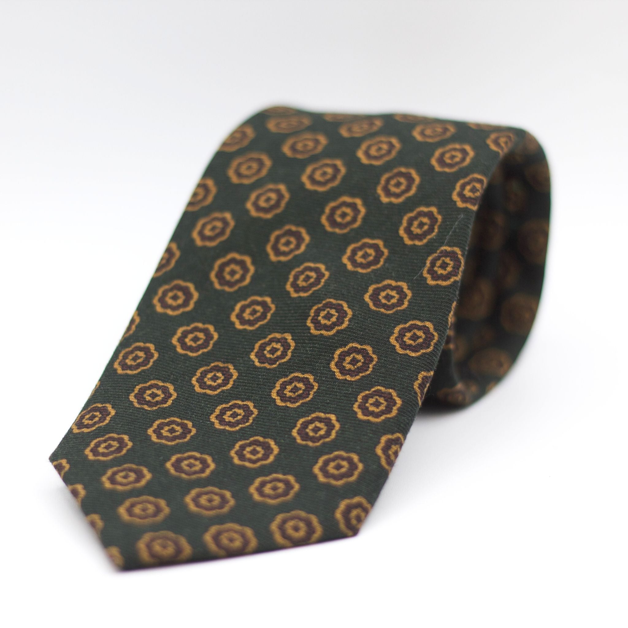 Holliday & Brown for Cruciani & Bella 100% Printed Wool  Self-Tipped Forrest Green, Military Green and Cream Motif Tie Handmade in Italy 8 cm x 148 cm