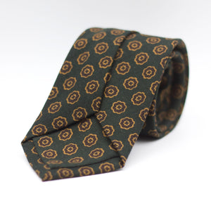 Holliday & Brown for Cruciani & Bella 100% Printed Wool  Self-Tipped Forrest Green, Military Green and Cream Motif Tie Handmade in Italy 8 cm x 148 cm