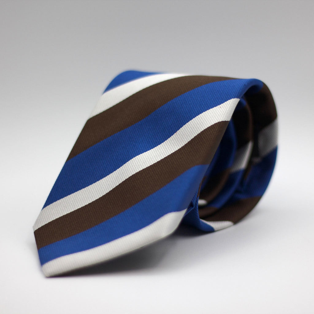 Holliday & Brown for Cruciani & Bella 100% Silk Jacquard  Regimental "Gentlemen of Yorkshire" Light Blue, Brown and White stripes tie Handmade in Italy 8 cm x 150 cm