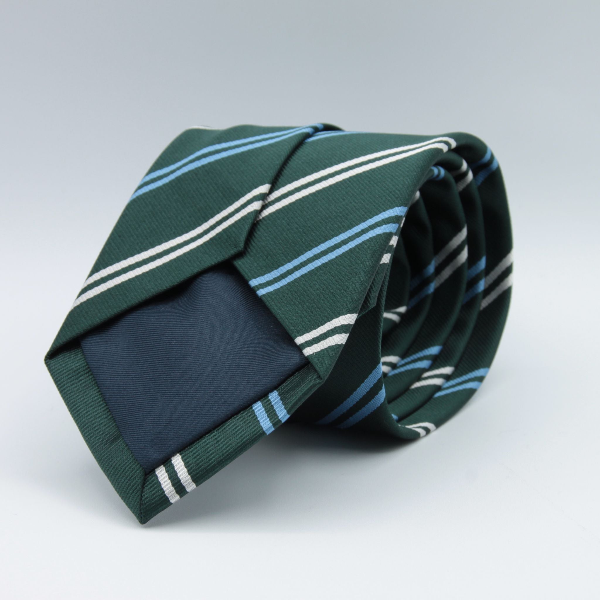 Holliday & Brown for Cruciani & Bella 100% Silk Jacquard  Tipped Green, White and Light Blue striped tie Handmade in Italy 8 cm x 148 cm #5124