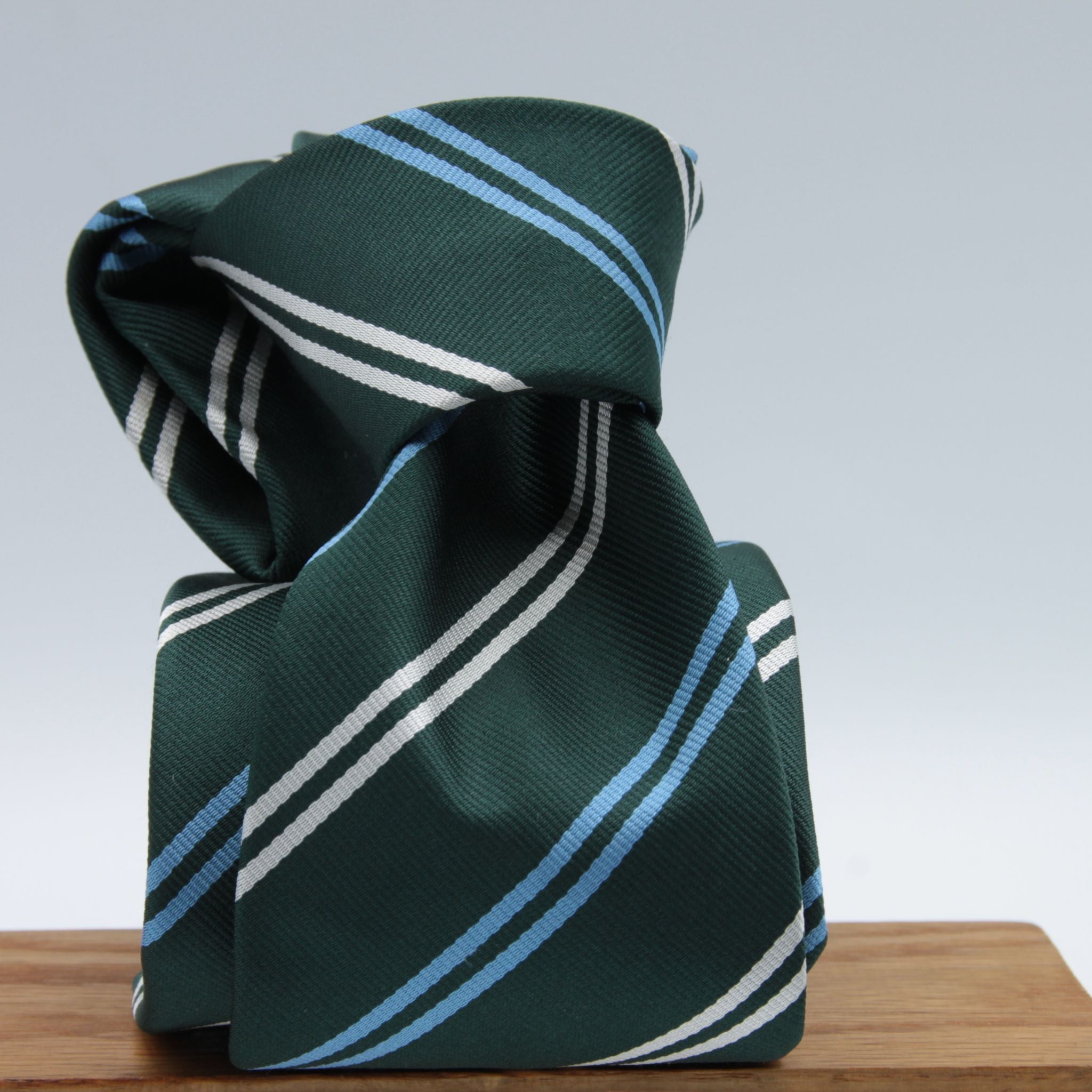 Holliday & Brown for Cruciani & Bella 100% Silk Jacquard  Tipped Green, White and Light Blue striped tie Handmade in Italy 8 cm x 148 cm #5124