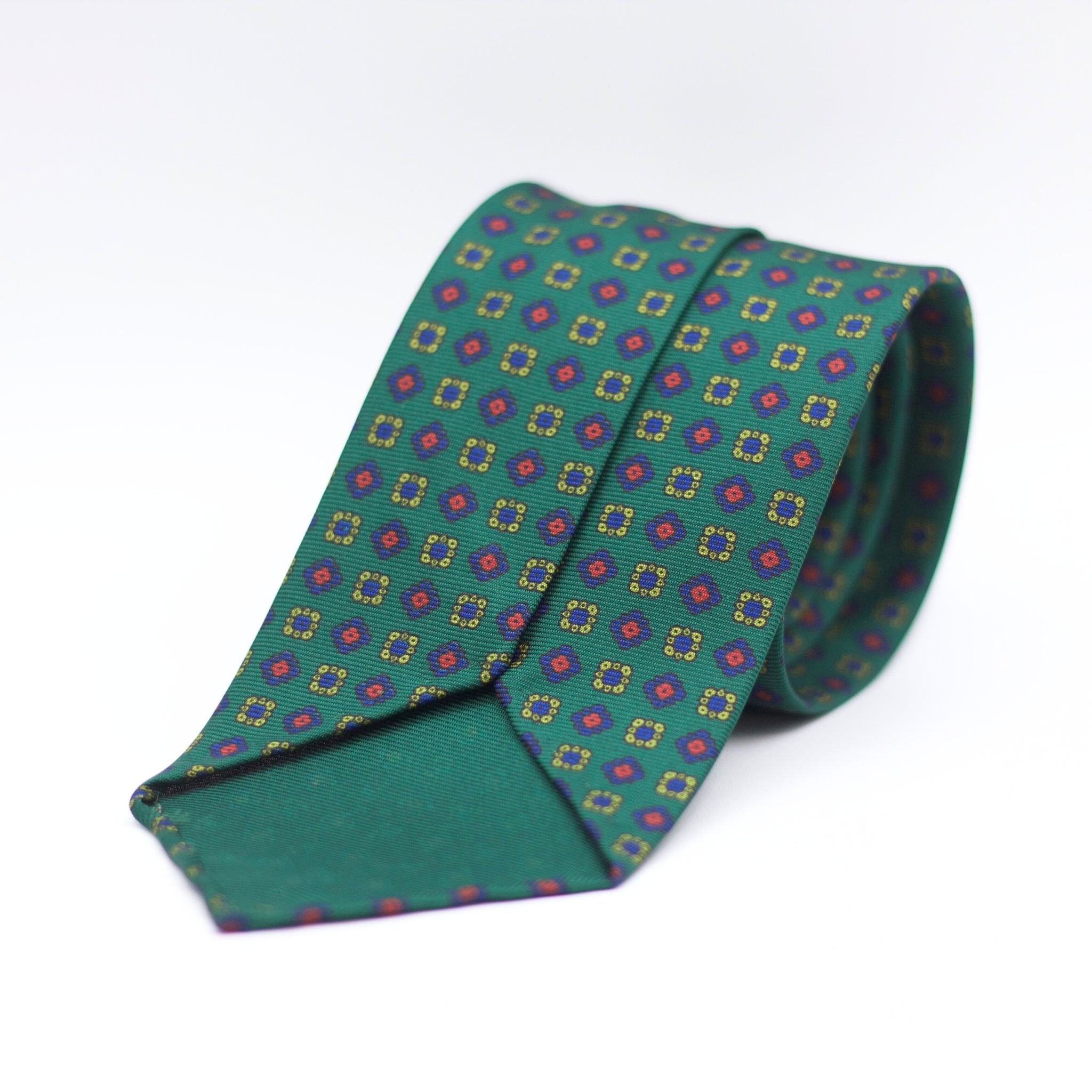 Cruciani & Bella 100% Printed Silk 36 oz UK fabric Unlined Green, Blue, Red and Yellow Unlined Tie Handmade in Italy 8 x 150 cm