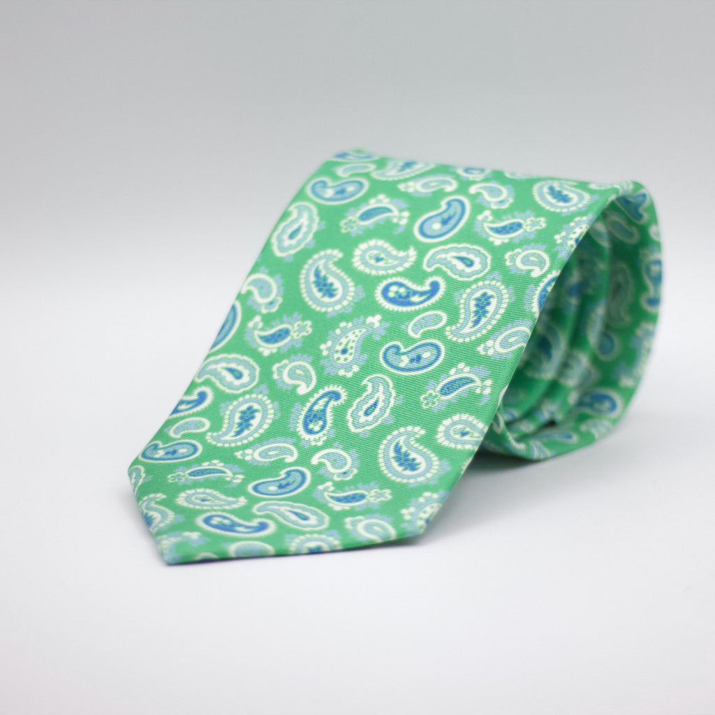 Cruciani &amp; Bella 100% Printed Silk Silk Made in England&nbsp; Self-tipped Green, Blue and White Paisley Motif Tie 8 cm x 150 cm Handmade in &nbsp;England