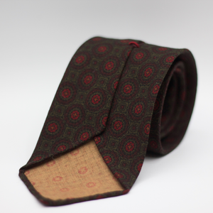 Cruciani & Bella 100%  Printed Wool  Unlined Hand rolled blades Green, Brown, Red and Orange Motifs Tie Handmade in Italy 8 cm x 150 cm
