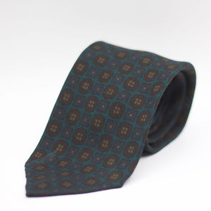 Cruciani & Bella 100%  Printed Wool  Unlined Hand rolled blades Green, Brown and Blue Motifs Tie Handmade in Italy 8 cm x 150 cm