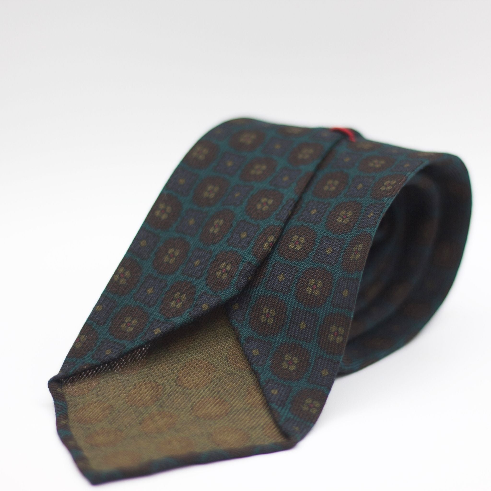 Cruciani & Bella 100%  Printed Wool  Unlined Hand rolled blades Green, Brown and Blue Motifs Tie Handmade in Italy 8 cm x 150 cm