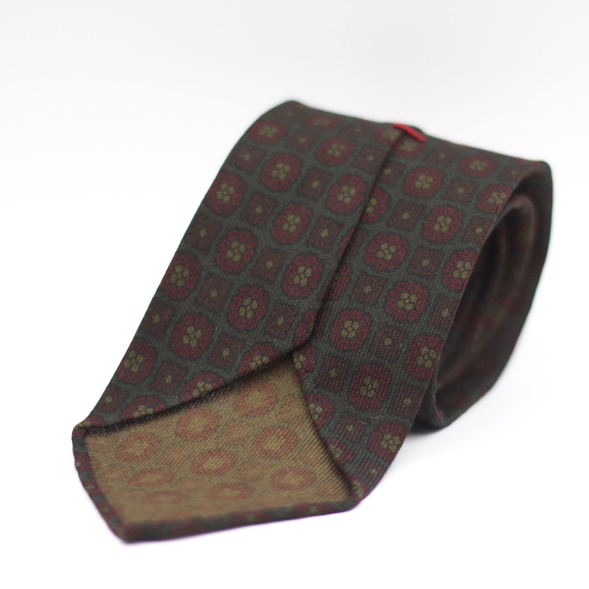 Cruciani & Bella 100%  Printed Wool  Unlined Hand rolled blades Green, Brown and Blue Motifs Tie Handmade in Italy 8 cm x 150 cm
